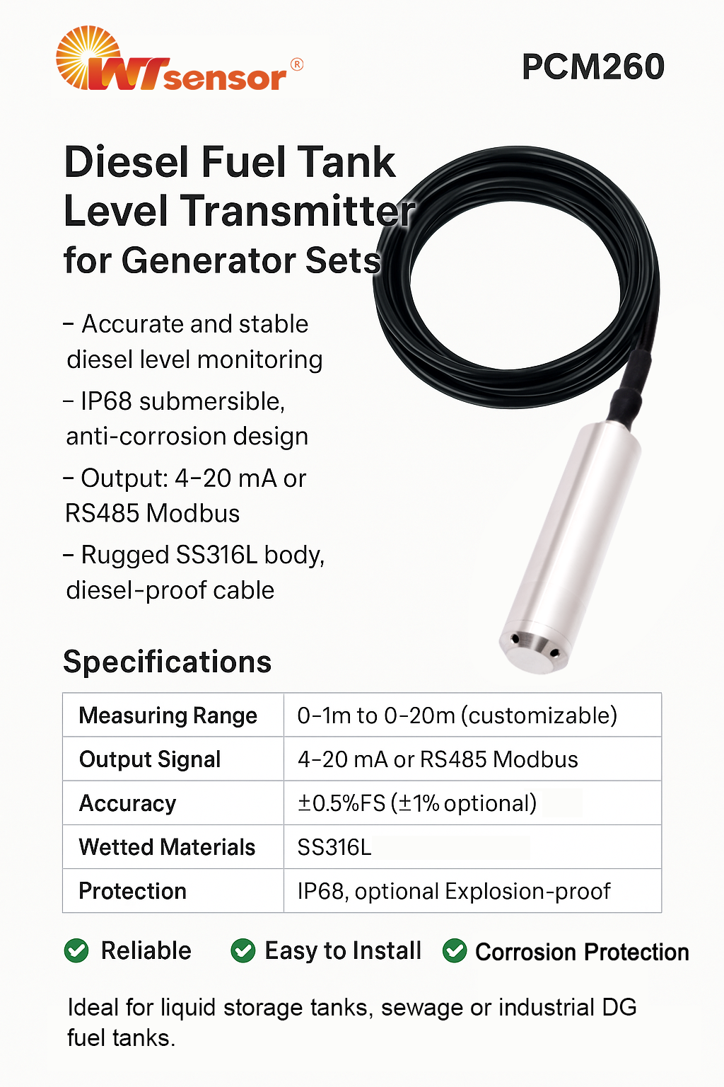 Industrial Diesel Fuel Level Monitoring Solution Using WTsensor-PCM260 Transmitter