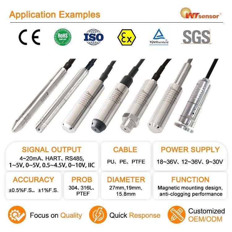 Level transmitter specifications: signal output, cable, power supply, accuracy, wetted materials and body diameter