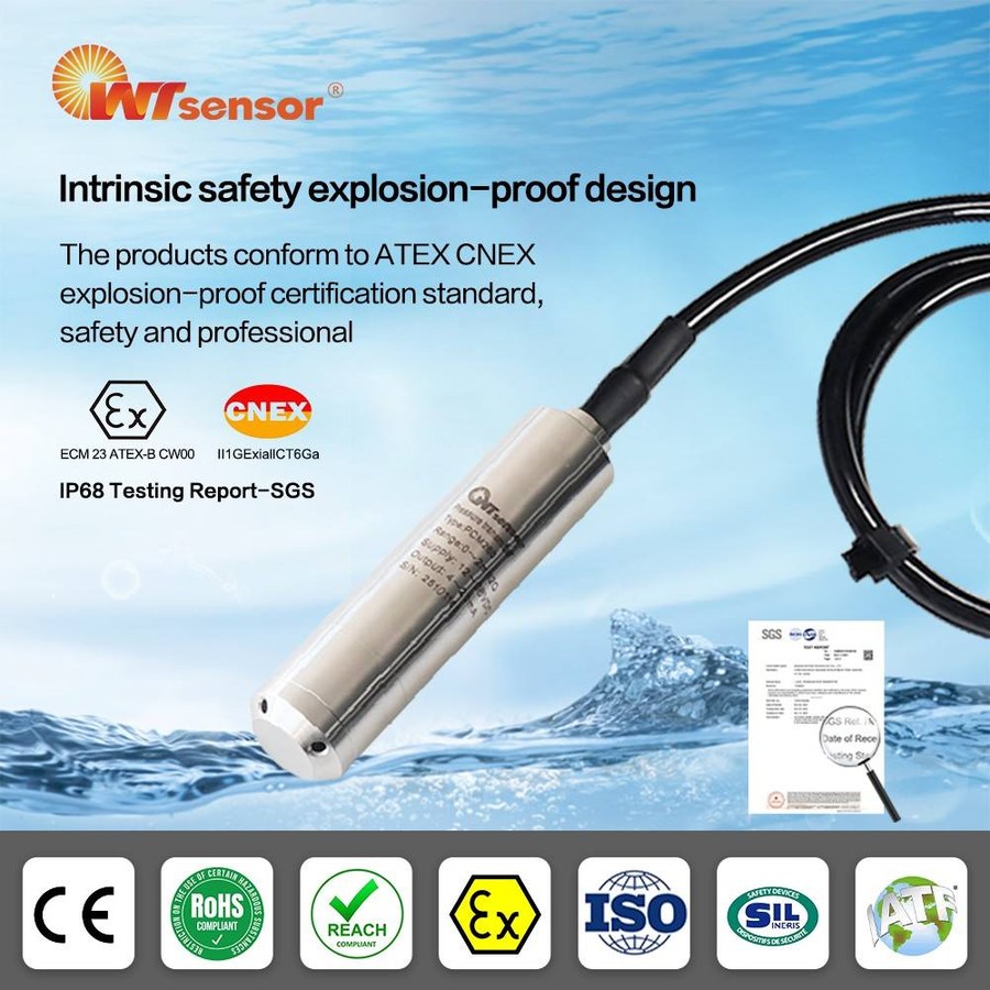 Submersible level transmitter ATEX intrinsic safety certification and IP68 SGS test report