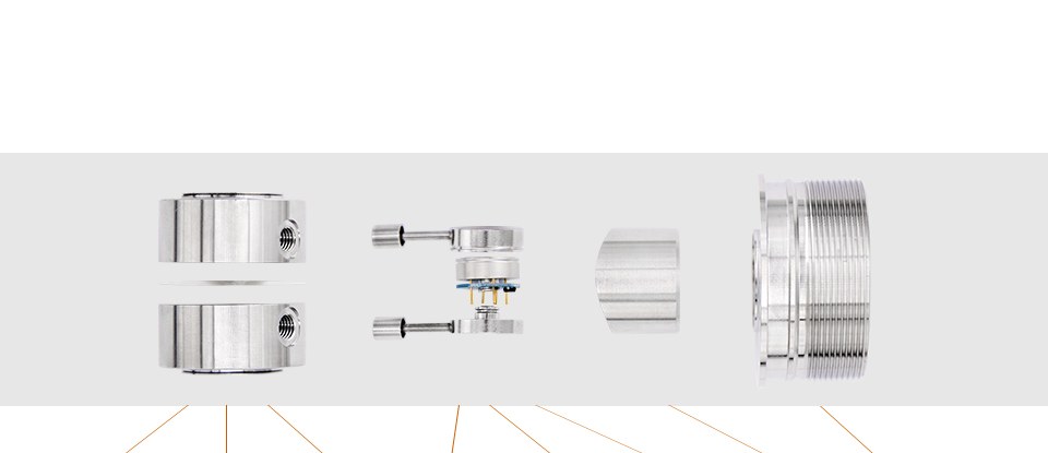Exploded differential pressure sensor core showing high and low pressure bases, centre diaphragm, welded seats, sensing element and threaded connector