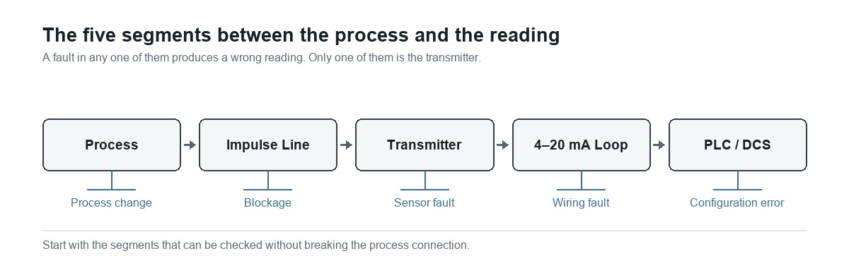 The five segments between the process and the reading: process, impulse line, transmitter, 4-20 mA loop and PLC or DCS, annotated with the failure type that originates in each
