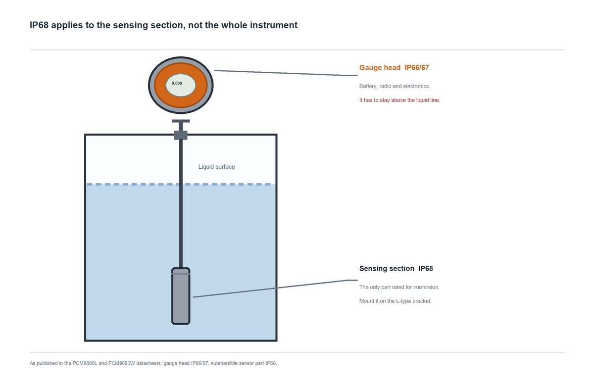 Wireless level transmitter with the gauge head above the liquid line and only the IP68 sensing section immersed